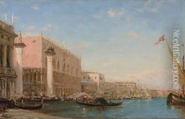 Gondalas At The Doges' Palace, Venice Oil Painting - Felix Ziem