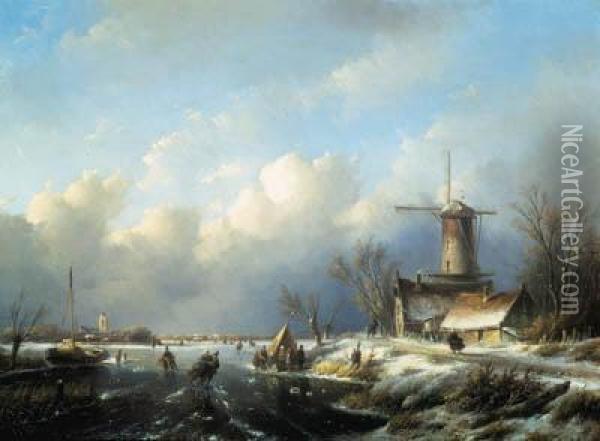 Skaters On A Frozen Canal Oil Painting - Jan Jacob Coenraad Spohler