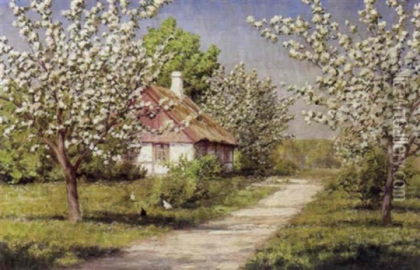 Forarsdag Med Blomstrende Frugttraeer Foran Et Gammelt Bondehus Oil Painting - Johan Fredrik Krouthen