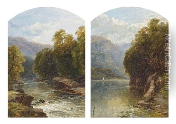 Figures On A Path By A Lake (+ A Wooded Stream; Pair) Oil Painting - John Brandon Smith