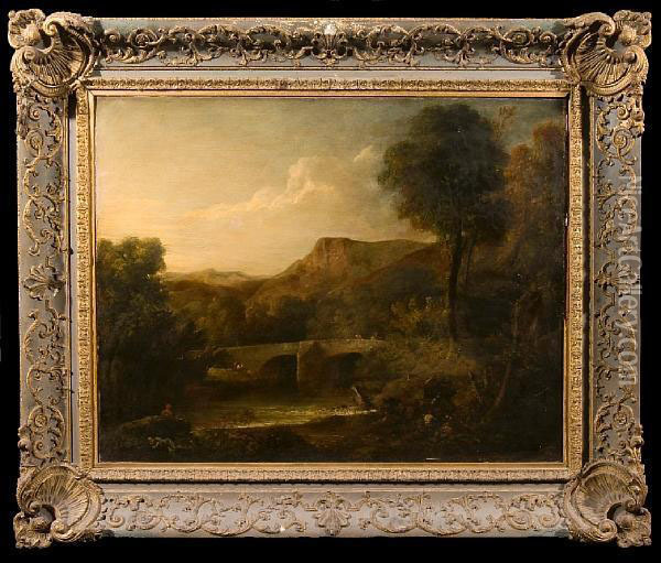 Bridge With Figures In A Landscape Oil Painting - George Howland Beaumont