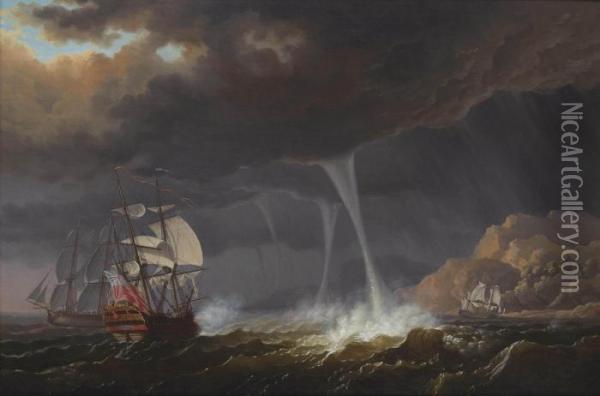 A Frigate Aground In West Indian Waters In A Tropical Storm With Waterspouts Oil Painting - Olivier Lemay