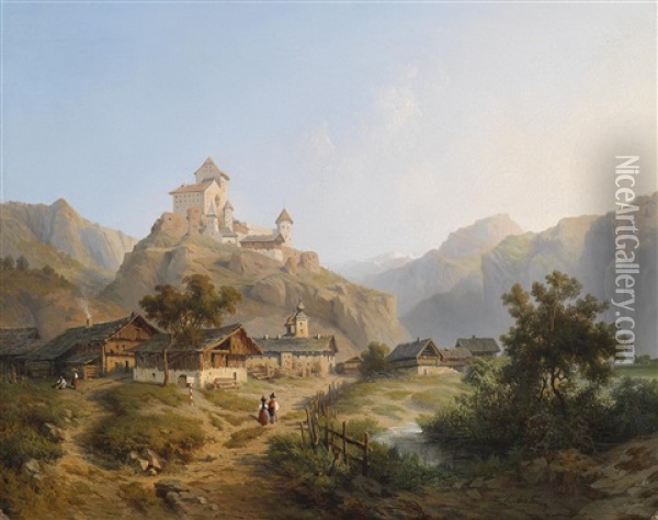 Ansicht Von Dorf Und Schloss Tarasp Im Unterengadin Im Kanton Graubunden Oil Painting - Leonard-Alexis Dalige de Fontenay