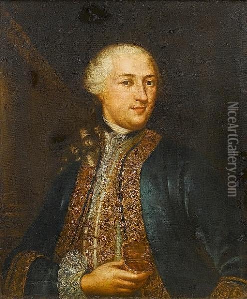 Portrait Of A Gentleman, Half-length, In A Blue, Brocade Edged Coat Holding A Gold Box And Standing Before A Curtain Oil Painting - Maria Giovanna Clementi La Clementina