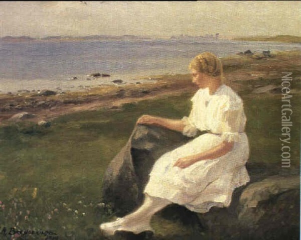 Kunstnerens Niece Elisabeth Koschel Pa Stranden Ved Jyllinge Oil Painting - Hans Andersen Brendekilde