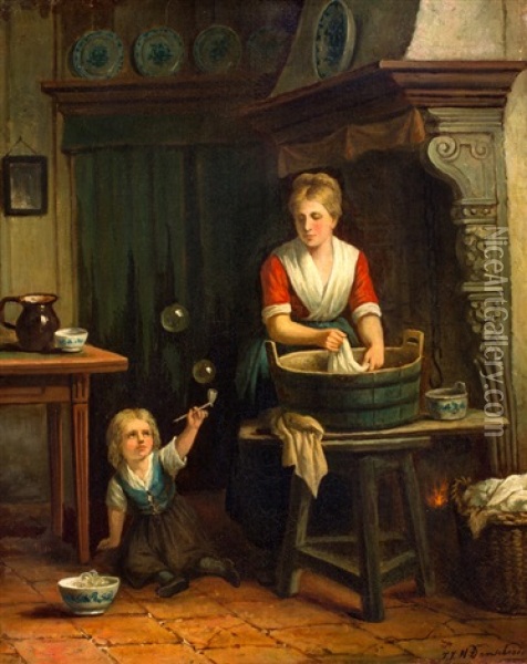 Wasvrouw Met Bellenblazend Kind Oil Painting - Jan Jacobus Matthijs Damschroeder
