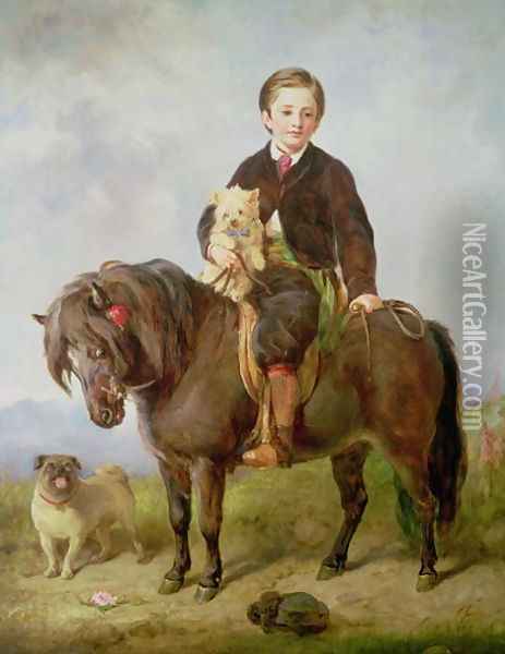 John Samuel Bradford as a boy seated on a shetland pony with a pug dog Oil Painting - Gourlay Steell