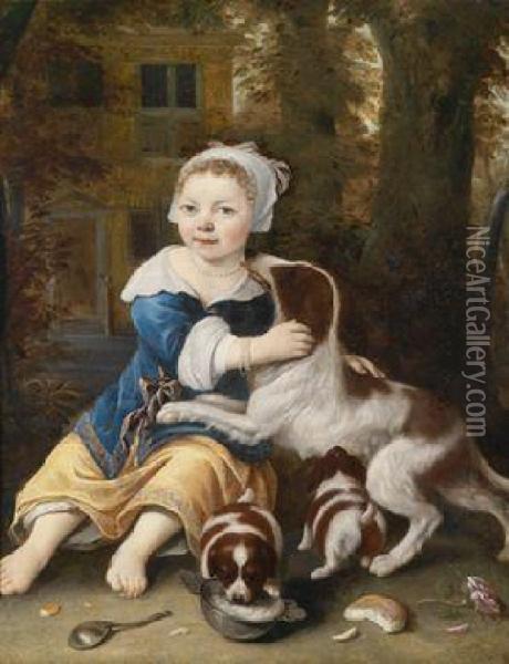 Einkleines Madchen Mit Einer Hundefamilie Vor Einem Landhaus Oil Painting - Ludolf de Jongh