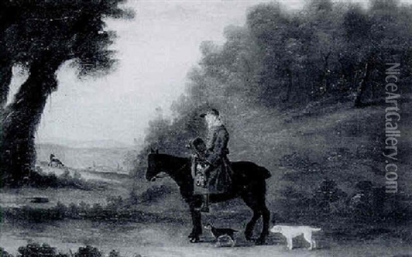 Study Of Arthur Wentworth, Earthstopper, Of Bulmer, On His Pony With Dogs In A Yorkshire Landscape Oil Painting - Nathan Drake
