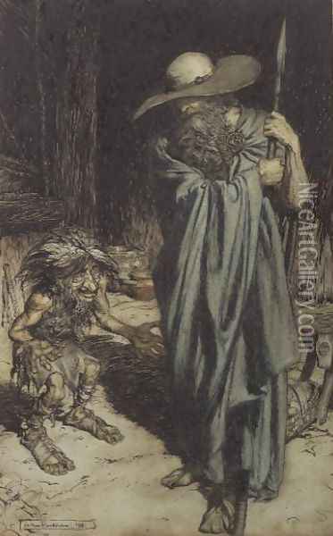 Dwarf and Wotan, from Wagners Ring of the Niebelungen, 1911 Oil Painting - Arthur Rackham