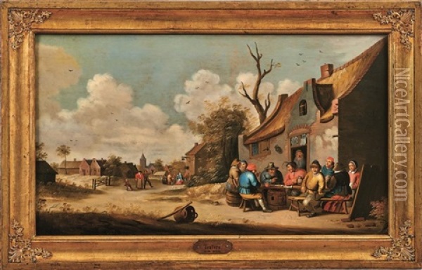 Dorfstrase Mit Frohlicher Gesellschaft Vor Dem Wirtshaus Oil Painting - Cornelis Mahu