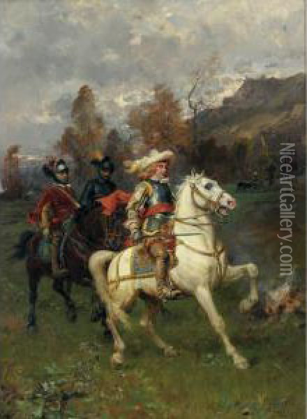 A Cavalier With Mounted Soldiers Oil Painting - Cesare-Auguste Detti