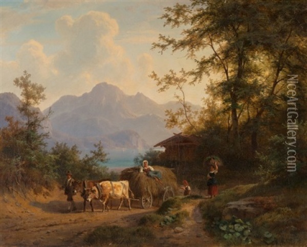 Mountain Landscape With Hay Wagon And Farmers Oil Painting - Gustav Meissner