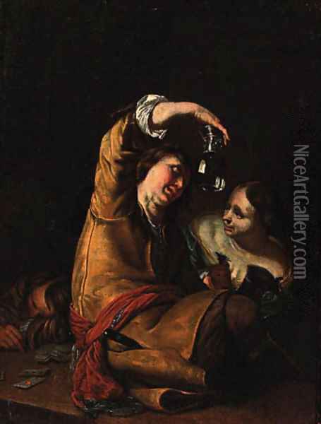 A guard holding an upturned roemer with a serving wench in a tavern Oil Painting - Frans van Mieris