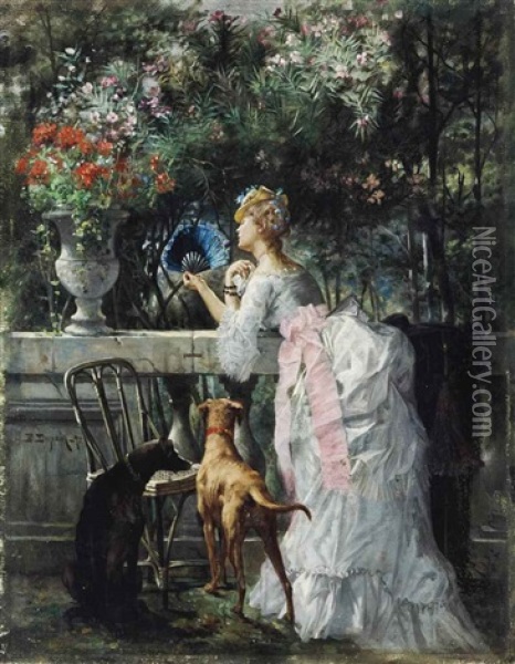 Femme Dans Le Parc Avec Les Chiens Oil Painting - Edmond Louis Dupain