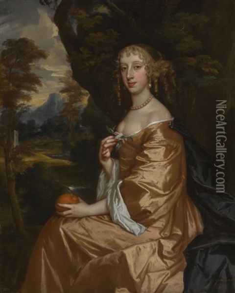 Lady Penelope Nicholas (1640-1703), Seated Three-quarter Length, Wearing A Gold Dress And Holding An Orange Oil Painting - Sir Peter Lely