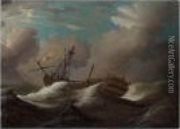 A Man-o'-war Dismasted In Heavy Seas Oil Painting - Peter Monamy