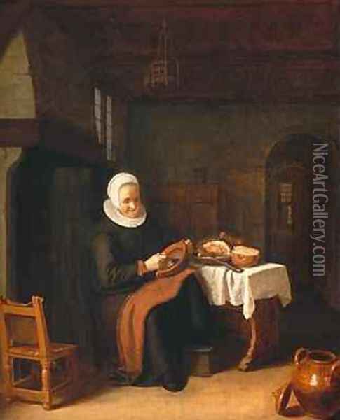 Lady seated in front of a fireplace with ham and bread on a table Oil Painting - Abraham de Pape