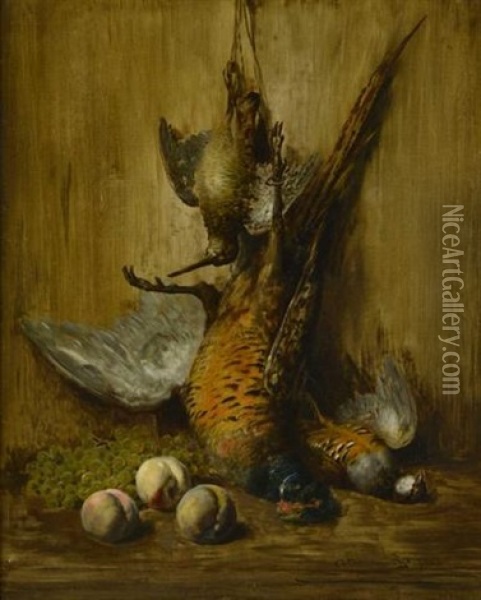 Nature Morte Au Coq Faisan, Becasse, Perdrix, Peches Et Raisin Oil Painting - Theodore Levigne