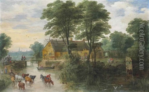 A River Landscape With Cottages And Cattle, Antwerp In The Distance Oil Painting - Joos de Momper the Younger