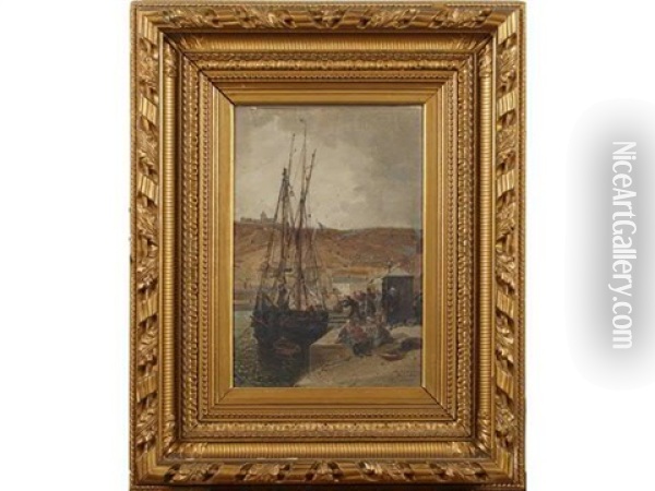 Fecamp, Le Dechargement Du Bateau Sur Une Cale Animee, 1870 Oil Painting - Jules Achille Noel