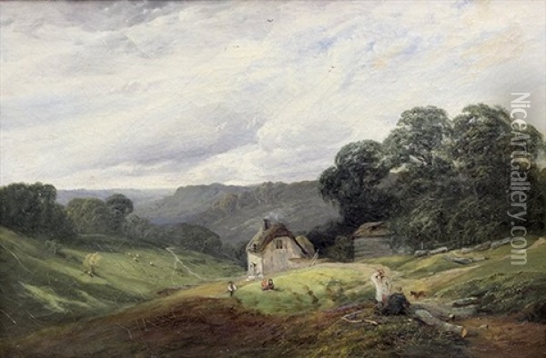 Landscape With Cottage And Figures Oil Painting - George Cole
