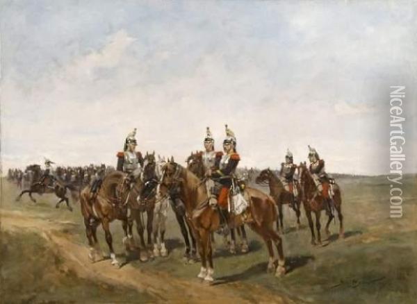 Scene De Hussards A Cheval Oil Painting - Georges-Louis Hyon