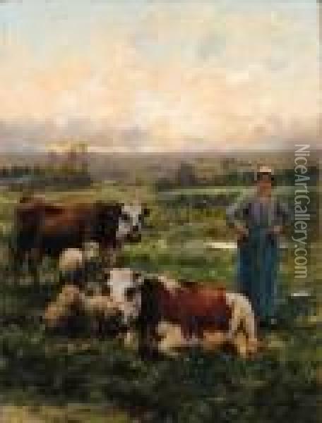 A Shepherdess With Cows And Sheep In A Landscape Oil Painting - Julien Dupre