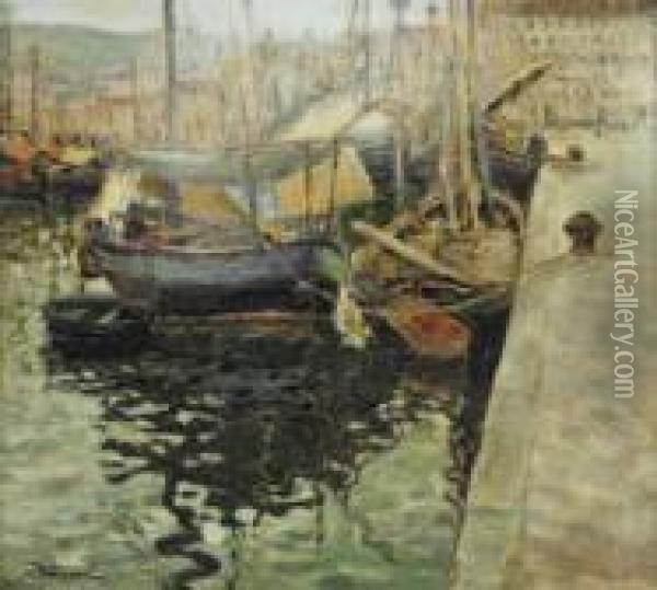 Trieste, Le Rive Con Barche Di Pescatori Oil Painting - Giuseppe Barison