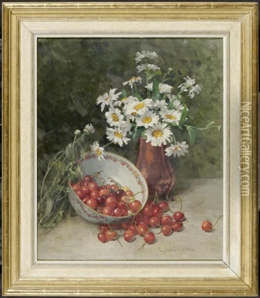 Stilleben Mit Blumen In Einer Bronzevase Und Kirschen Oil Painting - Clara Von Sivers