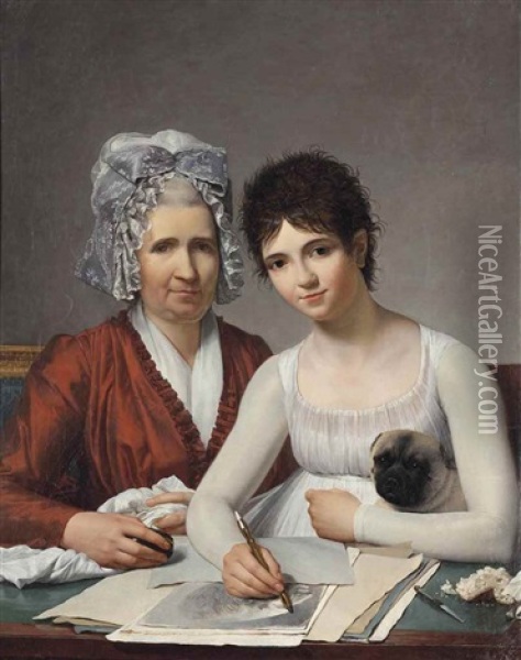 Portrait Of Marie-adrienne Rousseau (born C.1754), Nee Potain, The Artist's Sister, Half-length, In A Red Dress With A Lace Cap, With Her Daughter Rose-marie Charlotte (born C.1785), In A White Dress, A Pug On Her Lap, Drawing At A Desk Oil Painting - Victor Maximilien Potain