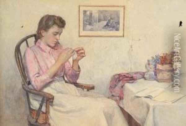 Interior Scene With Young Lady Sewing Oil Painting - Henry Maynell Rheam