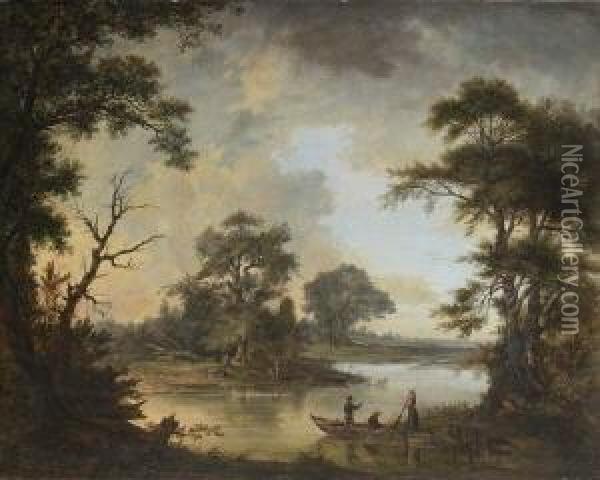 Flusslandschaft Mit
 Anglern. Oil Painting - Franciszek Ruskiewicz