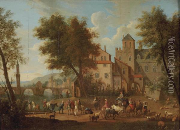 A Town View With A Ferry Unloading Travellers And Livestock Oil Painting - Peeter Bout