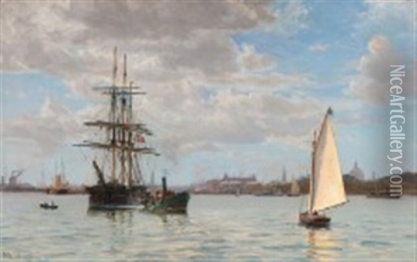 View From The Port Of Copenhagen With Sailing Ships And Boats Oil Painting - Vilhelm Karl Ferdinand Arnesen