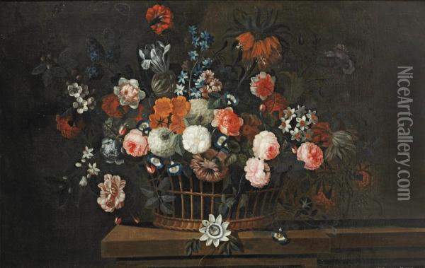 A Wicker Basket With Roses Oil Painting - Simon Hardime