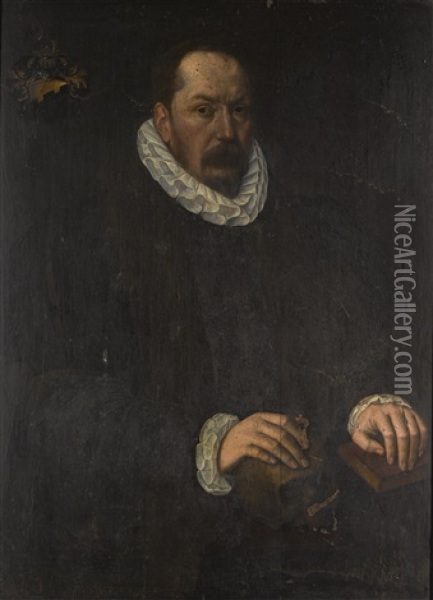 Portrait Of A Gentleman, Three-quarter-length, With His Hands Resting On A Skull And A Book Oil Painting - Gotthardt (Godert) de Wedig