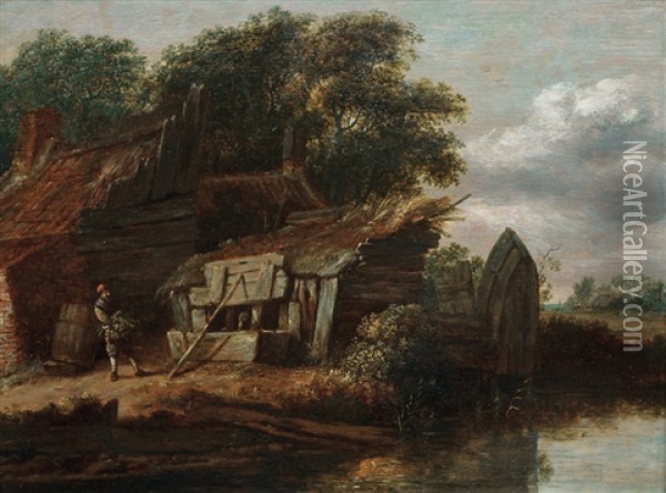 Landscape With Farmyard By The Water Oil Painting - Cornelis Gerritsz Decker