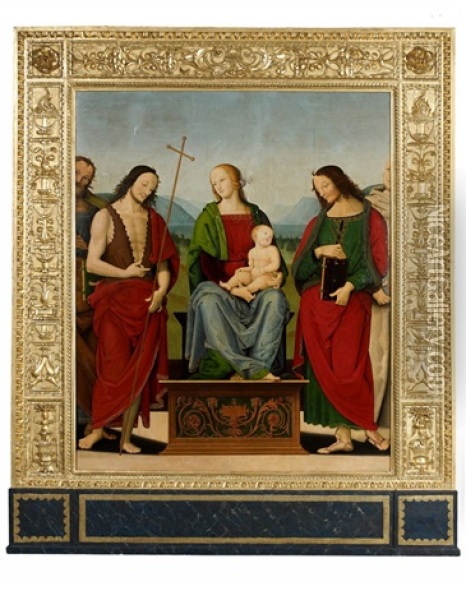 La Vierge A L'enfant Entouree De Saint Jean-baptiste, Saint Jean L'evangeliste Et Saint Bruno Oil Painting - Pietro Perugino