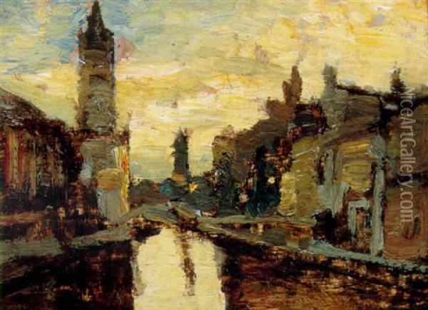 A Venetian Canal At Sunset Oil Painting - Guglielmo Ciardi