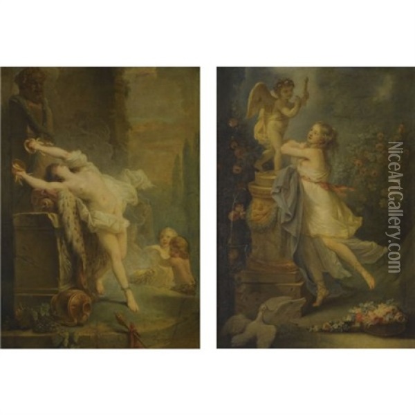 A Young Lady Before A Statue Of Cupid (+ A Bacchante Playing The Cymbols Before A Statue Of Pan; Pair) Oil Painting - Antoine-Francois (Calet) Callet