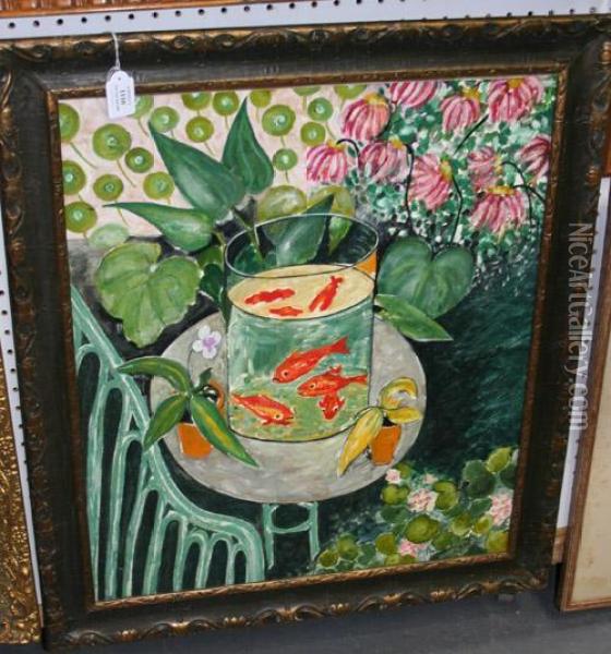 Goldfish On A Table In A Garden Oil Painting - Henri Albert Adam