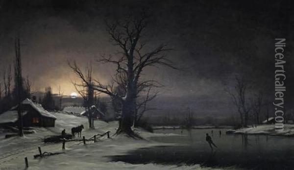 A Winter Scene With Figures Skating On A Frozen River Oil Painting - Nils Hans Christiansen