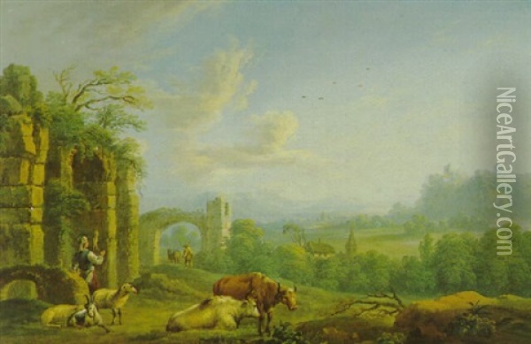 Landschaft Mit Ruinen Und Einer Herde Oil Painting - Johann Melchior Roos