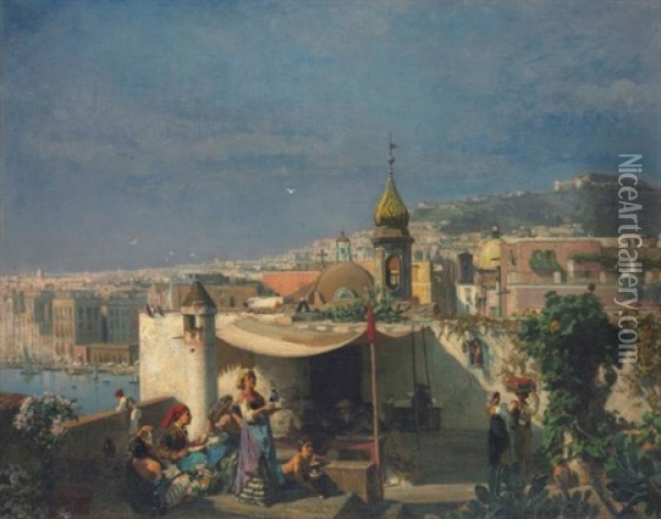 Family On A Terrace, Naples Oil Painting - Jules Ruinart De Brinant