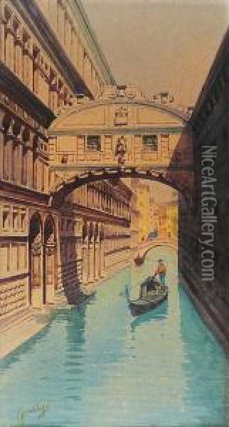 Gondolier Sous Le Pont Des Soupirs, Venise Oil Painting - Pieretto Bortoluzzi Bianco