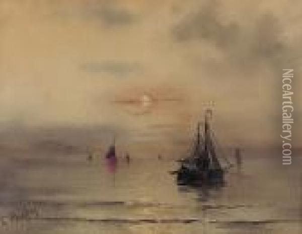 Abendliche Kustenpartie Mit Segelschiffen. Oil Painting - Hendrik Willem Mesdag