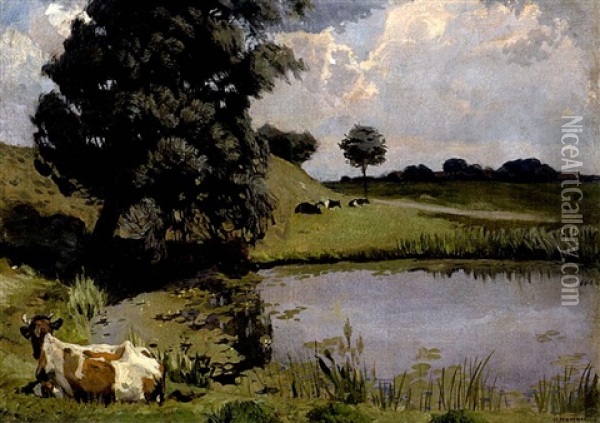 Liegende Kuh Vor Einem Kleinen See Oil Painting - Hans Hammer