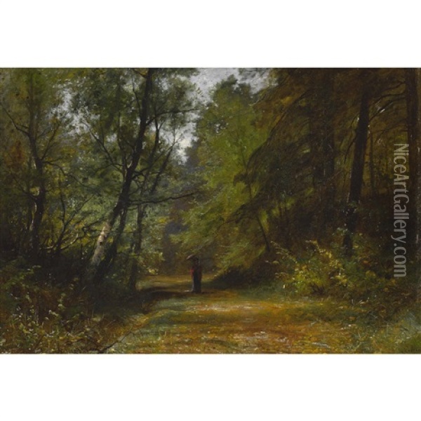 Dame Mit Sonnenschirm Auf Einem Waldweg Oil Painting - Gustave Eugene Castan