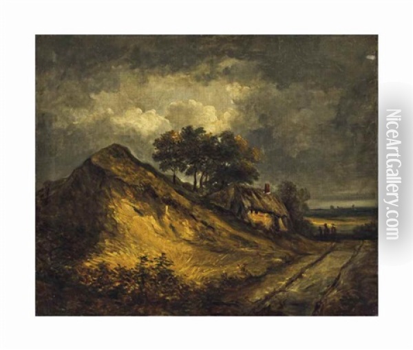 Dune Landscape With Cottage And Figures Walking Along A Path Oil Painting - Jacob Van Ruisdael